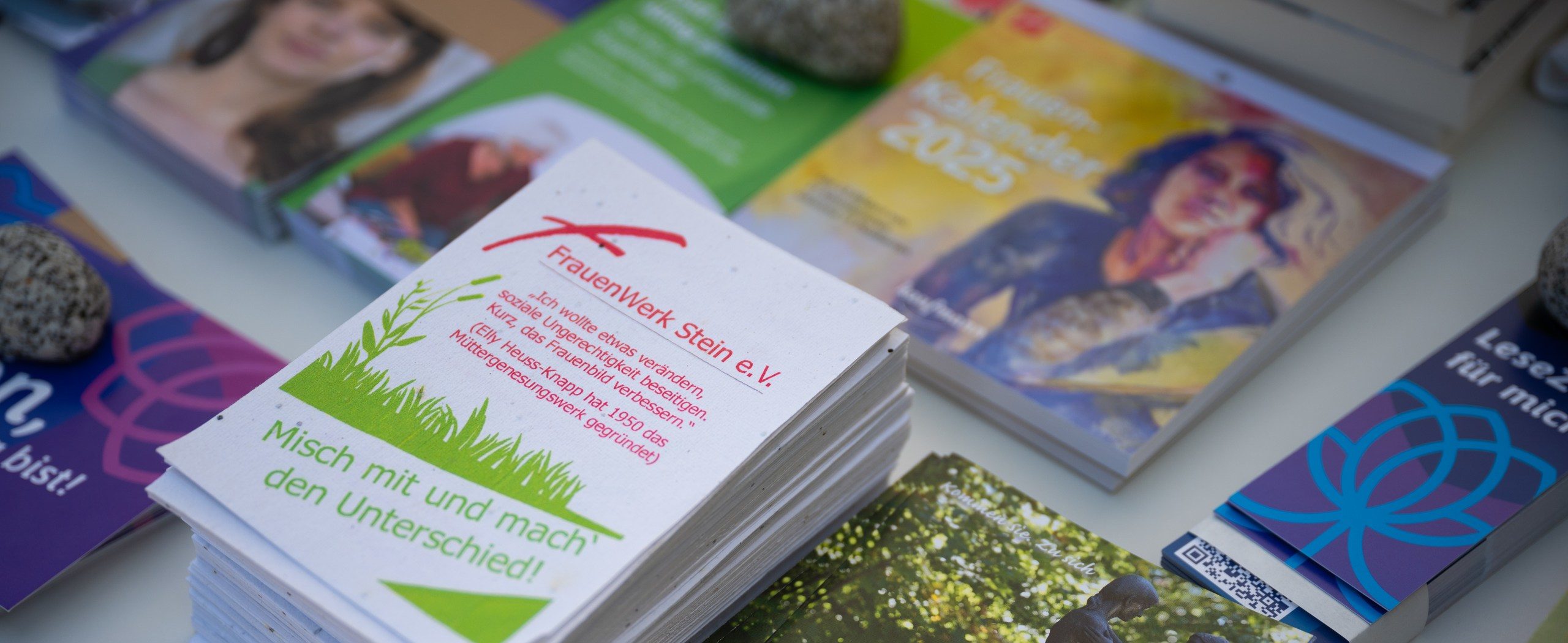 Website des FrauenWerk Stein e.V. mit Logo oben links. Ein zentrales Bild zeigt Flyer auf einem Tisch, im Vordergrund ein Flyer mit grünem Gras und dem Titel 